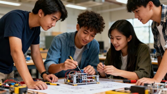 Group of Young Students Collaborating on a Robotics Project in a Classroom Setting