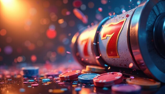 Slot machine reels show lucky sevens surrounded by falling confetti. Casino chips and tokens scatter on reflective surface. Bright lights and bokeh create energetic winning atmosphere.