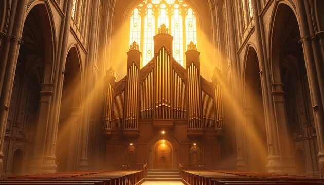 Golden cathedral pipe organ interior bathed in warm sunlight rays through large stained glass window. Empty wooden pews fill sanctuary creating spiritual atmosphere.