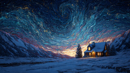 Christmas starry night over small snowy cottage