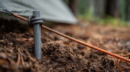 camping in the forest — tent stake and taut guyline anchored in damp soil, calm focused mood, macro natural light style for outdoor survival, bushcraft, and gear setup