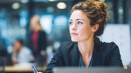 A woman in a business suit is sitting at a desk with a pen and a laptop. She is focused on her work, possibly writing or typing. Concept of professionalism and productivity