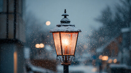 Christmas street lamp glowing through falling snow 