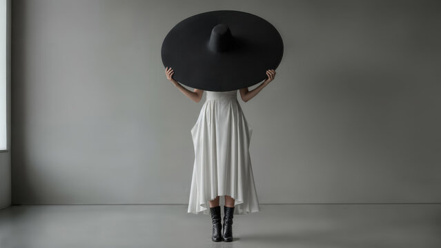 High fashion model wearing a large hat with a wide brim and hiding her face. An empty room illuminated by window light. White dress and black boots. Minimalist composition.