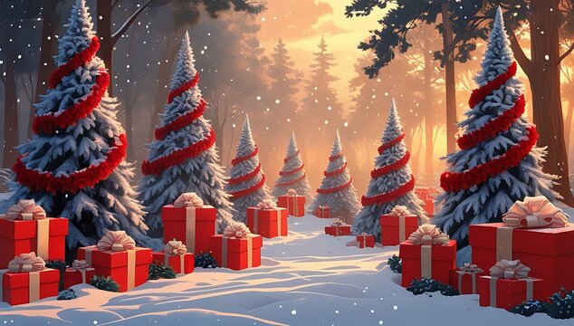 Winter forest scene with decorated christmas trees and red gifts