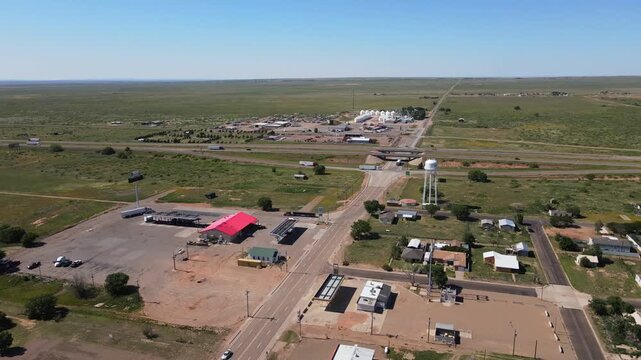 Aerial landscape of small desert road in rural historic US route 66 San Jon New Mexico NM