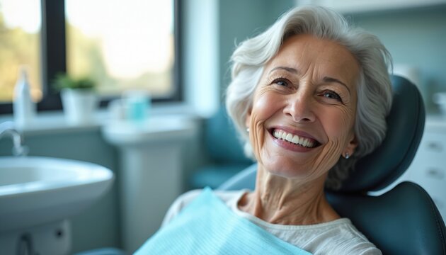 Smiling elderly woman sits in dental clinic chair. Displays straight white teeth, joyful expression during medical appointment. Image represents senior oral health, positive patient experience.