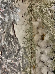 Christmas decor with snowy branches and white ornaments