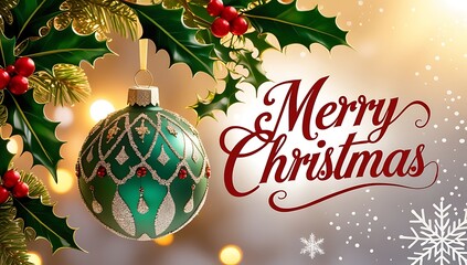 Festive christmas ornament with holly and merry christmas text