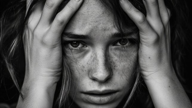 A woman with a pockmarked face is looking down. Concept of sadness and vulnerability