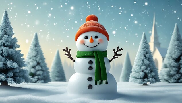 Cheerful snowman in a snowy winter landscape with falling snow