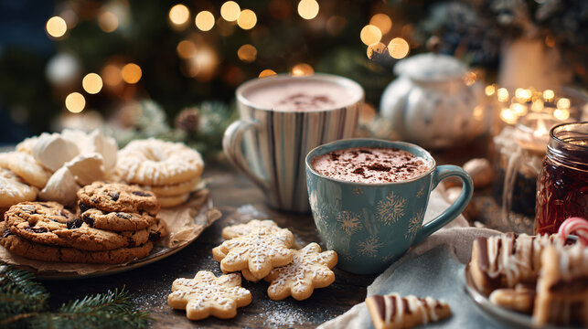 Christmas table filled with cookies and hot drinks 