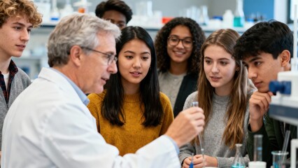 Diverse Students Engaged in Science Experiment with Teacher