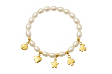 Pearl bracelet with gold charms and lucky symbols