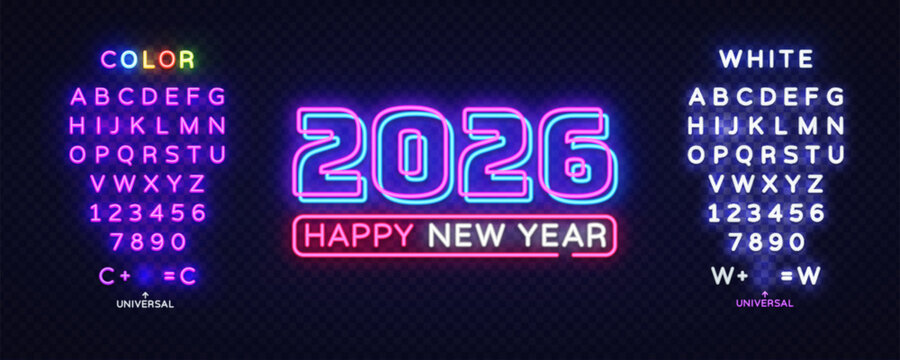 Neon text 2026 Happy New Year in the center, surrounded by glowing colorful and white alphabet and numbers. Editable universal font concept for vibrant designs. Vector illustration