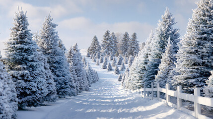 Christmas tree farm covered in snow under bright sky 