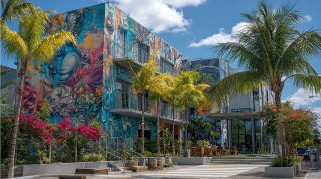 A colorful building with a mural on the side. The building has a lot of green plants and trees surrounding it - Powered by Adobe