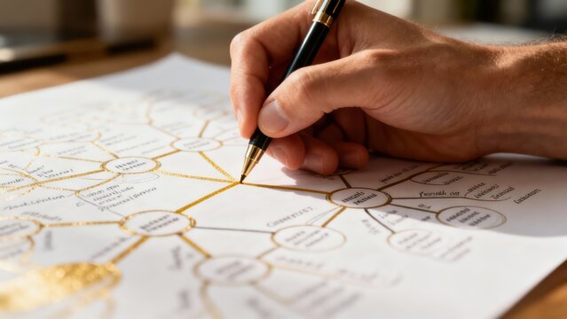 Hand Drawing a Mind Map on White Paper with Golden Details