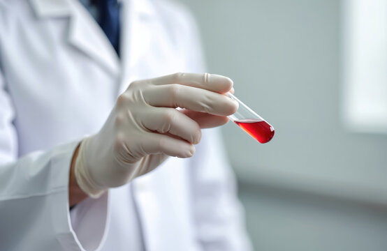 Doctor holds test tube with red liquid. Lab technician analyzes blood sample for medical research in clinic. Healthcare pro in white coat conducts scientific analysis in hospital. Test for virus.