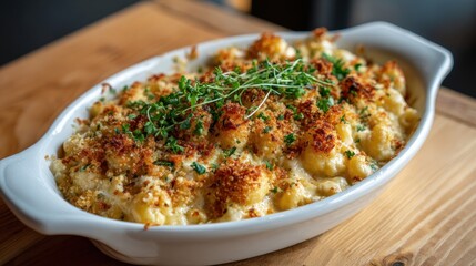 A white dish with a creamy white sauce and a garnish of parsley. The dish is on a wooden table