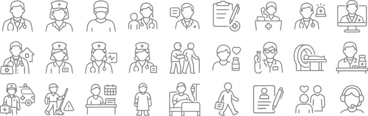 medical, healthcare, professionals, icons, set, doctor, nurse, surgeon, patient, ambulance, hospital, clinic, mri, medical equipment, first aid, checkup, consultation, elderly care, medical record, de
