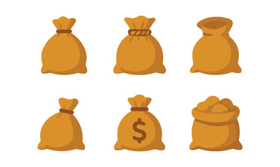 money, bag, finance, wealth, cash, currency, dollar, savings, investment, loan, banking, business, treasure, gift, reward, icon, illustration, graphic, design, flat, set, brown, burlap, sack, pouch, d