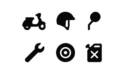 scooter, motorcycle, helmet, wrench, fuel can, mirror, wheel, transportation, vehicle, travel, repair, maintenance, service, tools, equipment, icon, symbol, graphic, design, black and white, simple, f