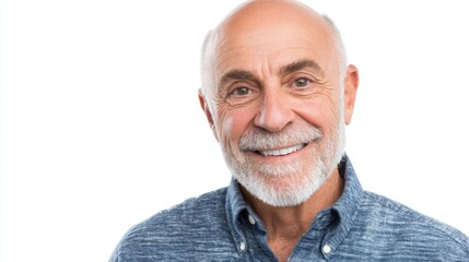 Fototapeta premium A man with a white background and a blue shirt. He is smiling and has a beard