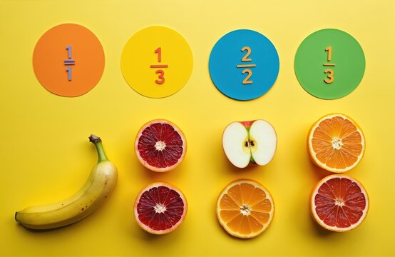Fractions depicted with colorful circles and fruit sections. Banana apple and oranges represent a visual learning tool. Elementary math concept for kids, back to school theme on yellow surface. - Powered by Adobe