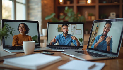Three laptops showing happy team members during a video call – A cozy workspace with a cup of coffee, a laptop, and indoor plants.