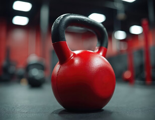 Fototapeta premium Red kettlebell on gym floor close up. Fitness center background with training equipment. Gym interior with sport gear for bodybuilding, strength workout. Weight training, heavy athletic kettle bell
