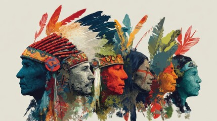 A painting of several Native American people with colorful feathers on their heads. The painting is a representation of the diversity and unity of the Native American culture