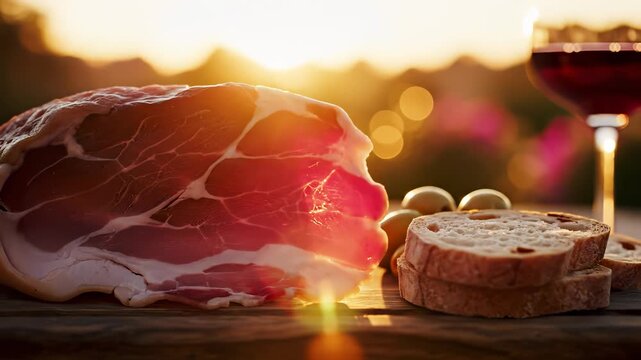 A large piece of cured meat rests on a wooden table, accompanied by slices of bread and olives. The vibrant sunset creates a warm atmosphere for this savory meat and bread setting.