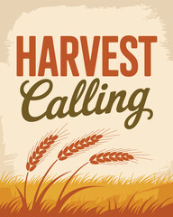 Harvest calling poster design with wheat stalks illustration and rural autumn field background texture graphic.
