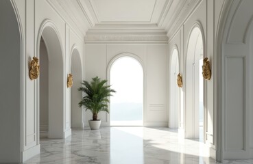 White luxurious hallway features arched entryways, marble floor. Green palm plant stands before large bright arch window. Sunlight casts elegant shadows. Spacious, serene interior shows classic