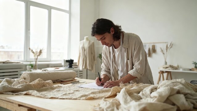 Fashion Designer Drawing Sketches in Creative Studio