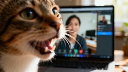 Tabby Cat Interrupting Video Call on Laptop