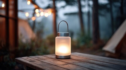 camping lantern on wooden table at dusk — warm glow, cozy forest campsite, cinematic bokeh, minimalist outdoor lifestyle scene — product-focused shot inspiring travel, glamping, and night