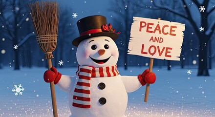 A cheerful snowman, adorned with a top hat and a festive scarf, spreads holiday cheer by holding a sign with a message of Peace and Love. The joyful figure is surrounded by a winter wonderland.