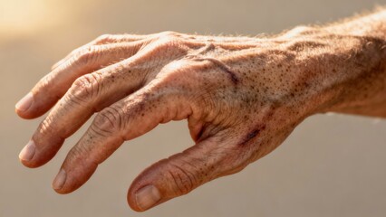 Fototapeta premium Close-Up of an Elderly Caucasian Hand with Visible Scars and Wrinkles, Symbolizing Aging and Experience