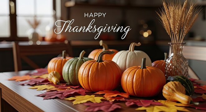 A Festive Thanksgiving scene displays a collection of colorful pumpkins and autumn leaves, evoking warmth and harvest abundance in a celebratory setting.