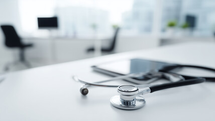 Stethoscope resting on a physician desk, representing reliable tools for examination, telehealth coordination, and modern medical practice.
