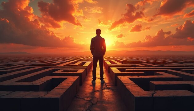 Rear view man faces huge maze at orange sunset. Person stands at labyrinth entrance, decide solution way. Conceptual of problem solving, goal setting, path choice and achieving victory.