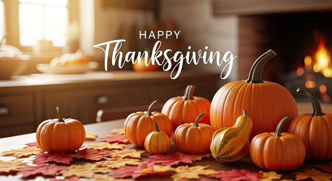 A vibrant autumnal scene sets the stage for a Thanksgiving celebration, featuring a cluster of pumpkins, gourds, and colorful autumn leaves, evoking warmth and gratitude.