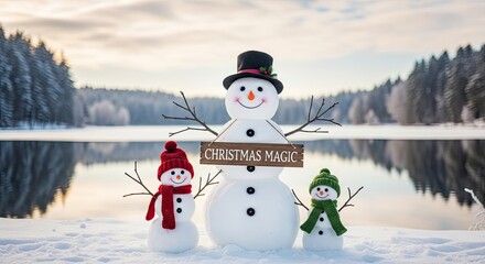 Obraz premium A delightful family of snowmen, adorned in festive attire, stands proudly against a serene winter landscape. the magical Christmas spirit, as they are a photorealistic symbol of the season.