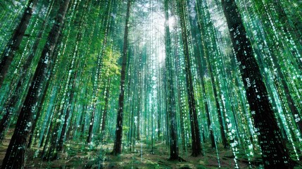 A forest with a lot of trees and a lot of green. The trees are lit up with a lot of lights