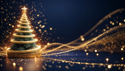Golden Christmas tree with sparkling decorations and glitter garland on dark blue background, festive holiday decoration with warm lights and magical Christmas atmosphere