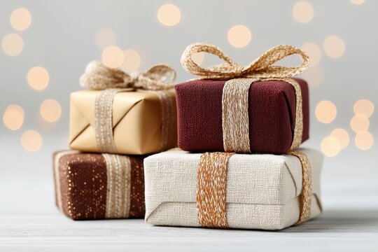 Stack four wrapped gift boxes neutral tones gold metallic paper burgundy maroon velvet beige linen fabric elegant ribbon bows soft bokeh lights gray background