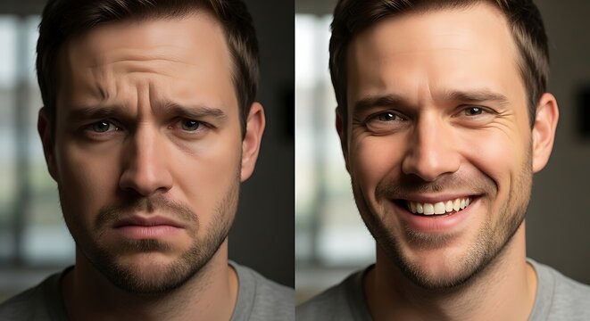 A split portrait capturing the dramatic shift in human emotion, depicting a man's worried, sad expression transforming into a radiant, joyful smile, illustrating mood change