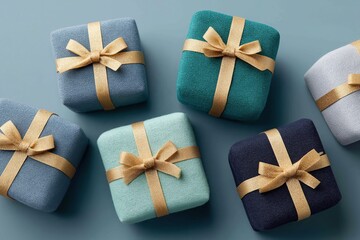 Luxury gift wrapping ocean blue teal towel gold ribbon bow flatlay

